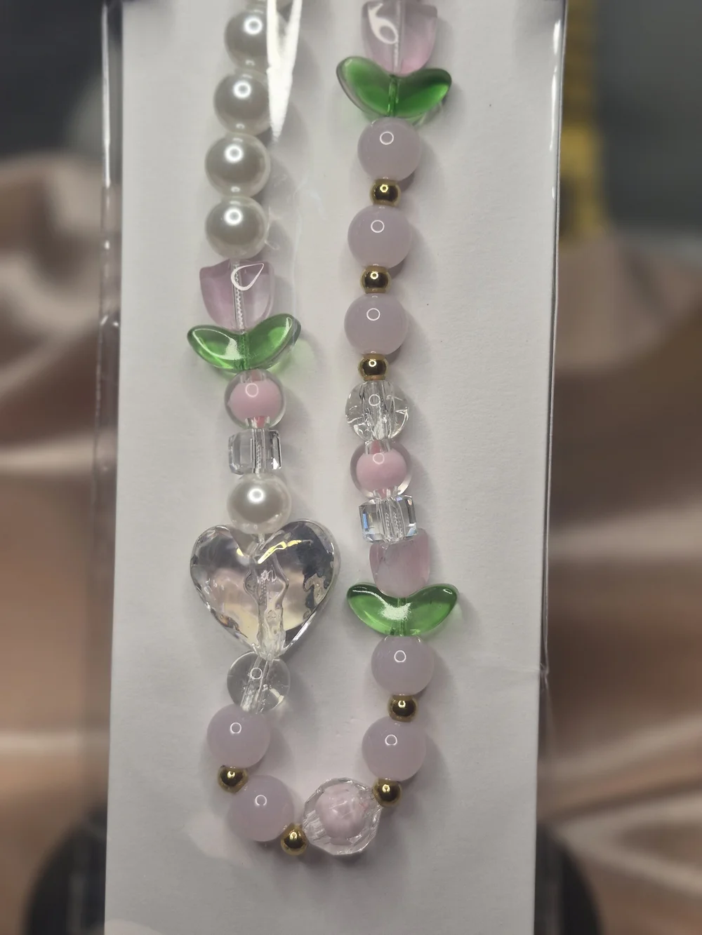Pink Pearl Phone Charm Wristlet – Hearts, Flowers & Beaded Detail